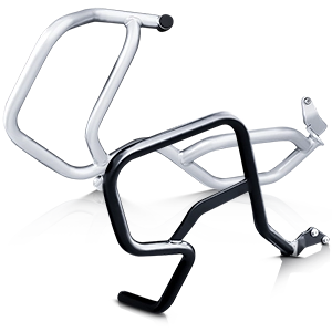 Black and silver protective bars and brackets for motorcycles.